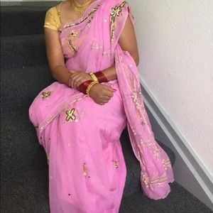 Baby pink & gold chiffon sari